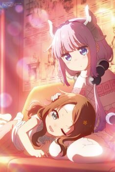 Rule 34 | 2girls, beads, brown hair, couch, dragon girl, dragon horns, dragon tail, flower, hair beads, hair flower, hair ornament, hair ribbon, highres, horns, kanna kamui, kobayashi-san chi no maidragon, lap pillow, lens flare, megami magazine, multiple girls, official art, one eye closed, ribbon, saikawa riko, tail