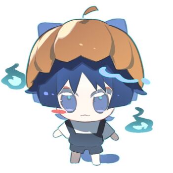 Rule 34 | 1boy, :3, a maya xxx, animal ears, arms at sides, black overalls, blue eyes, blue hair, blue pupils, blunt ends, blush stickers, casual, cat boy, cat ears, cat tail, chibi, closed mouth, contemporary, eyeliner, eyeshadow, genshin impact, halloween, halloween costume, hat, hitodama, looking at viewer, makeup, male focus, official alternate costume, orange hat, overalls, pumpkin, pumpkin hat, red eyeliner, red eyeshadow, scaramouche (genshin impact), shirt, short sleeves, smile, solo, standing, tail, wanderer (genshin impact), white background, white shirt, white sleeves, wispy bangs