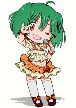 Rule 34 | > o, 1girl, ;d, \m/, ahoge, aqua hair, beeru (veil8801), bow, brown shoes, camisole, collarbone, commentary request, deformed, footwear bow, highres, holding, holding microphone, legs apart, macross, macross frontier, microphone, miniskirt, navel, one eye closed, open mouth, orange bow, ranka lee, red bow, red eyes, seikan hikou, shadow, shoes, short hair, simple background, skirt, skirt bow, smile, solo, standing, thighhighs, white background, white thighhighs, zettai ryouiki