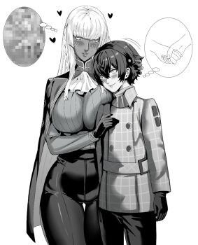 1boy 1girl blush breast_press breasts brigitta_(metaphor:_refantazio) cape censored closed_mouth dark-skinned_female dark_skin gloves greyscale hair_between_eyes hairband heart height_difference hetero imagining impossible_clothes impossible_shirt jacket jamjamstyle large_breasts long_hair long_sleeves looking_at_another metaphor:_refantazio monochrome mosaic_censoring pants parted_lips protagonist_(metaphor:_refantazio) shirt short_hair smile speech_bubble thigh_gap thought_bubble