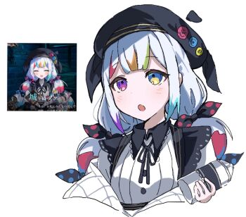 1girl :o beret black_ribbon blunt_bangs bow hashtag-only_commentary hat hentai-chan_(egg_oshiri) heterochromia highres holding holding_spray_can jogasaki_noah long_hair long_sleeves looking_at_viewer mahou_shoujo_no_majo_saiban multi-tied_hair multicolored_hair neck_ribbon open_mouth paintbrush polka_dot polka_dot_bow red_eyes reference_inset ribbon simple_background solo spray_can streaked_hair upper_body white_background white_hair yellow_eyes