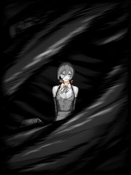 1girl absurdres apron bare_shoulders black_apron black_ribbon bomb_devil_(chainsaw_man) breasts buttons chainsaw_man choker collared_shirt commentary english_commentary green_eyes grenade_pin hair_between_eyes hair_bun highres imminent_explosion long_hair_between_eyes long_sleeves medium_breasts medium_hair neck_ribbon non_4 reze_(chainsaw_man) ribbon shirt shirt_tucked_in single_hair_bun smile transformation white_shirt