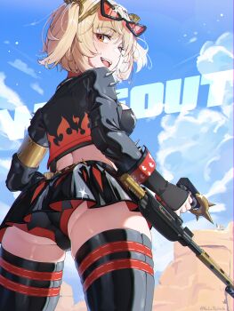 1boy 1girl :d absurdres artist_name ass black_gloves black_panties black_shirt black_skirt black_thighhighs blonde_hair blue_sky blush breasts burnice_white cameo cloud cowboy_shot crop_top cropped_jacket cropped_shirt crossover day destiny_(game) english_text eyewear_on_head fingerless_gloves flame_print flamethrower from_behind glint gloves hair_ornament highres holding holding_flamethrower holding_weapon jacket large_breasts long_sleeves looking_at_viewer looking_back lord_shaxx miniskirt natatheknife open_mouth outdoors panties pleated_skirt print_jacket red-tinted_eyewear shirt short_hair skirt sky smile solo_focus sparkle spikes standing sunglasses teeth themed_clothing themed_panties themed_underwear thighhighs thighs tinted_eyewear turning_head twitter_username two_side_up underwear upper_teeth_only upskirt weapon zenless_zone_zero zettai_ryouiki