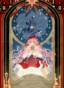 2girls absurdly_long_hair absurdres baiyeyeyezi beret bow brown_eyes brown_ribbon capelet character_name chinese_commentary christmas closed_eyes commentary_request cowboy_shot cracked_skin cropped_torso dress dress_bow expressionless fence fire_emblem fire_emblem:_three_houses floating_hair fur-trimmed_bow fur-trimmed_capelet fur-trimmed_dress fur-trimmed_sleeves fur_trim gift green_ribbon grey_capelet grey_shirt hair_between_eyes hair_ribbon hand_on_own_cheek hand_on_own_face hat hat_ornament hat_ribbon heart heart_hat_ornament hexagram highres infinity_nikki lamppost long_hair long_sidelocks long_sleeves looking_at_viewer low_twintails medium_dress multiple_girls nikki_(nikki) nikki_(series) nintendo object_floating_above_hand outside_border parted_lips picture_frame pink_hair pleated_dress pom_pom_hat_ornament red_bow red_dress red_hat ribbon shirt sidelocks snowing snowy_encounter_(infinity_nikki) standing straight-on striped_bow the_seer_(infinity_nikki) tress_ribbon twintails very_long_hair wavy_hair