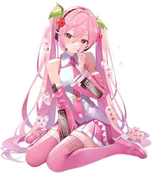1girl absurdly_long_hair arm_tattoo bare_shoulders between_legs blush boots breasts cherry_blossoms cherry_hair_ornament collarbone collared_shirt commentary_request detached_sleeves falling_flower food-themed_hair_ornament full_body hair_between_eyes hair_ornament hand_between_legs hatsune_miku headset long_hair long_sleeves looking_at_viewer necktie parted_lips pink_eyes pink_hair pink_nails pink_necktie pink_skirt pink_trim sakura_miku shirt simple_background sitting skirt sleeveless sleeveless_shirt small_breasts takepon1123 tattoo thick_thighs thigh_boots thighhighs thighs twintails very_long_hair vocaloid wariza white_background wide_sleeves zettai_ryouiki