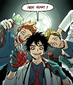 3boys american_idiot aqua_eyes aqua_gloves bag bags_under_eyes baoul101552 billie_joe_armstrong blonde_hair blood blood_on_face blood_on_gloves blood_on_hands blood_on_mask bloody_knife bloody_weapon blue_eyes blue_shirt bomb brown_hair coat commentary doctor english_text evil_grin evil_smile explosive from_below frown furrowed_brow gloves green_day grin heart_(organ) highres holding holding_bag holding_bomb holding_heart_(organ) holding_mallet holding_scalpel knife lab_coat lapels looking_at_viewer male_focus mallet mask mask_pull medical_gloves medical_scrubs mike_dirnt mouth_mask multiple_boys necktie plastic_bag red_necktie rubber_gloves scalpel scratching_head shirt short_hair smile speech_bubble stethoscope stethoscope_around_neck surgery surgical_mask symbol-only_commentary talking thick_eyebrows tongue tongue_out tre_cool v-shaped_eyebrows very_short_hair weapon white_coat white_gloves wide-eyed