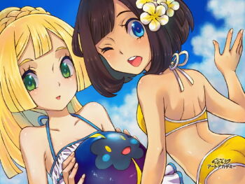 2girls :d arched_back art_academy_(medium) ass ball bare_arms bare_shoulders beachball bikini black_hair blonde_hair blue_eyes blue_sky blunt_ends braid closed_mouth cloud collarbone commentary_request cosmog double-parted_bangs fingernails flower gen_7_pokemon green_eyes hair_flower hair_ornament holding holding_ball holding_beachball legendary_pokemon lillie_(pokemon) long_hair median_furrow multiple_girls nintendo one_eye_closed open_mouth pokemon pokemon_sm ponytail ponytail_with_braided_base saikachi_(ogre_tree) selene_(pokemon) short_hair shoulder_blades sky smile swept_bangs swimsuit teeth upper_teeth_only yellow_bikini