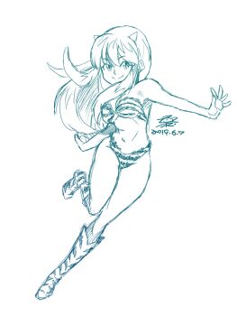 1girl animal_print bikini boots breasts dated floating full_body horns long_hair lum monochrome rakshasa_(artist) simple_background smile solo swimsuit tiger_print urusei_yatsura white_background