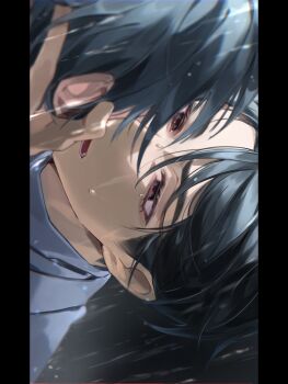 2boys alien_stage black_eyes black_hair commentary derivative_work grey_hair hand_on_another's_face hashtag-only_commentary highres ivan_(alien_stage) male_focus moruru_08 multiple_boys open_mouth rain red_pupils screenshot_redraw sideways till_(alien_stage) yaoi
