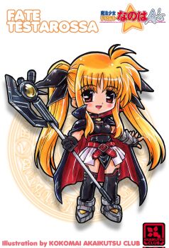 1girl armored_shoes artist_name asymmetrical_gloves axe bardiche_(assault_form)_(nanoha) bardiche_(nanoha) belt belt_buckle black_bow black_cape black_gloves black_leotard black_thighhighs blonde_hair bow buckle cape character_name chest_belt chibi chibi_only circle_name commentary copyright_name crossed_belts fingerless_gloves full_body gloves hair_bow highres holding holding_axe kokomahi leotard long_hair looking_at_viewer lyrical_nanoha magic_circle magic_circle_background magical_girl mahou_shoujo_lyrical_nanoha mahou_shoujo_lyrical_nanoha_a&#039;s open_mouth red_belt red_cape red_eyes showgirl_skirt skirt smile solo standing thighhighs twintails two-sided_cape two-sided_fabric vambraces white_skirt