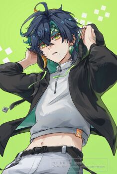 Rule 34 | 1boy, belt, black belt, black jacket, commentary request, cropped shirt, earrings, genshin impact, green background, hands up, headband, highres, hood, jacket, jewelry, kinich (genshin impact), looking at viewer, multicolored eyes, multicolored hair, navel, open mouth, pants, shirt, skg g, solo, solo focus, teeth, white pants, white shirt