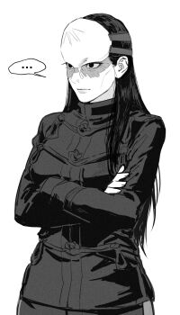 Rule 34 | ..., 1girl, 66an88, black eyes, black hair, crossed arms, forehead protector, genderswap, genderswap (mtf), golden kamuy, greyscale, highres, imperial japanese army, long hair, long sleeves, military uniform, monochrome, scar, scar on face, smile, solo, speech bubble, tsurumi tokushirou, white background