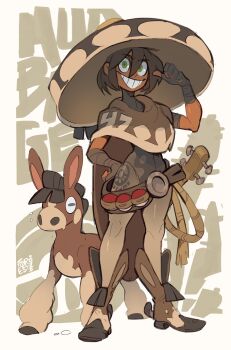 1girl absurdres belt bodysuit boots brown_belt brown_bodysuit brown_boots brown_hair brown_poncho forest_box full_body gen_7_pokemon green_eyes grin guitar hand_on_own_hip hand_up hand_wraps hat highres horizontal_pupils horse instrument mudbray nintendo original pointing pointing_at_self poke_ball poke_ball_(basic) pokemon pokemon_(creature) poncho rope short_hair smile sombrero standing thumbs_up