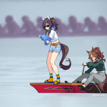 Rule 34 | 2girls, animal ears, blue hair, blue shorts, boat, brown hair, colored inner hair, commentary request, daitaku helios (casual) (umamusume), daitaku helios (umamusume), dark hound 3, ear covers, green shirt, grey pants, hair ornament, hairclip, highres, horse ears, horse girl, horse tail, long hair, long sleeves, mejiro palmer (casual) (umamusume), mejiro palmer (umamusume), midriff, multicolored hair, multiple girls, orange socks, pants, ponytail, rowing, sandals, shirt, shorts, socks, standing, star (symbol), star hair ornament, sunglasses, tail, umamusume, watercraft
