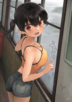 1girl against_glass ai_ai_gasa ass black_hair blush breasts camisole cleavage commentary_request dated fang gaki_kyonyuu grey_shorts highres indoors kaedeko_(kaedelic) large_breasts looking_at_viewer midriff open_mouth oppai_loli rain red_eyes sasaki_kanna short_hair shorts signature solo thighs twintails window yellow_camisole