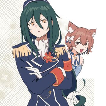 Rule 34 | 1boy, 1girl, androgynous, animal ear fluff, animal ears, blue choker, boutonniere, bow, brown hair, cat boy, cat ears, choker, crusch karsten, epaulettes, evefes0805, felix argyle, green hair, hair between eyes, hair bow, lapels, medium hair, notched lapels, open mouth, re:zero kara hajimeru isekai seikatsu, short hair, smile, upper body, yellow eyes