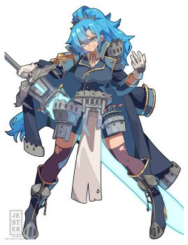 1girl blue_eyes blue_hair blue_jacket boots breasts cape coat full_body gloves grin high_ponytail highres holding holding_sword holding_weapon jacket jesternalagon large_breasts long_hair long_sleeves looking_at_viewer original pelvic_curtain ponytail shirt simple_background smile solo sword thighhighs torn_clothes torn_thighhighs very_long_hair weapon white_background white_gloves