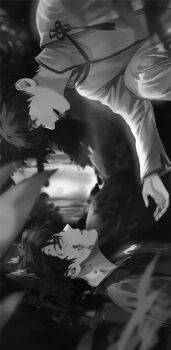 Rule 34 | 2boys, animal ears, black hair, blackbox (blackbox9158), blood, blood on face, blood splatter, cat ears, changpao, chinese clothes, collared shirt, exif rotation, greyscale, kim dokja, looking at another, male focus, monochrome, multiple boys, offering hand, omniscient reader's viewpoint, outdoors, rock, shirt, short hair, tree, upper body, water, waterfall, yoo joonghyuk