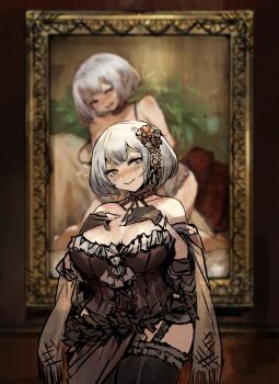 1girl :> @_@ bare_shoulders blurry blurry_background blush breasts cleavage commentary convenient_censoring corset darkest_dungeon english_commentary flower flying_sweatdrops garter_straps hair_flower hair_ornament hands_on_own_chest hazu0530 hellion_(darkest_dungeon) highres huge_breasts looking_at_viewer medium_hair nose_blush portrait_(object) shawl solo sweat thighhighs white_hair