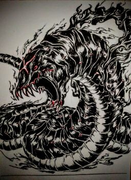 1boy alternate_form black_eyes colored_sclera hagoromo highres kamimura_kk male_focus monochrome monster monster_focus one_piece open_mouth partially_colored pen_(medium) photo_(medium) red_sclera sharp_teeth shawl shepherd_ju_peter spikes teeth traditional_media worm