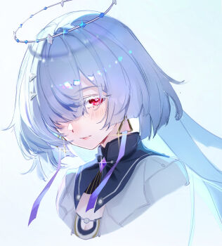 1girl absurdres blush closed_mouth colored_eyelashes commentary earrings english_commentary hair_over_one_eye halo highres jewelry long_hair looking_at_viewer mihan_(mihan_art) mornye_(wuthering_waves) red_eyes solo triangle_earrings white_eyelashes wuthering_waves