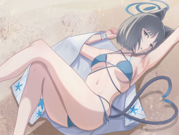 Rule 34 | 1girl, absurdres, animal ears, armpits, bikini, blue archive, blue bikini, blue halo, blue haori, breasts, cat ears, cat girl, cat tail, commentary, criss-cross straps, crossed legs, detached sleeves, halo, haori, highres, japanese clothes, kikyou (blue archive), kikyou (swimsuit) (blue archive), layered bikini, looking at viewer, lying, multi-strapped bikini bottom, multiple tails, official alternate costume, on back, revision, side-tie bikini bottom, solo, sugarism, swimsuit, tail, two tails