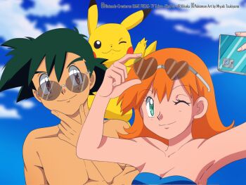 1boy 1girl aged_up alternate_hairstyle arm_up armpits ash_ketchum bandeau bare_arms bare_shoulders bikini black_hair blue_bikini blue_sky breasts brown_eyes cellphone cleavage closed_mouth cloud collarbone day eyelashes eyewear_on_head gen_1_pokemon glasses green_eyes green_hair grey-framed_eyewear hair_between_eyes hair_down hand_on_own_chin hand_up heart heart-shaped_eyewear highres holding holding_phone looking_at_viewer medium_hair misty_(pokemon) miyuki_tsukiyono nintendo one_eye_closed orange_hair outdoors phone pikachu pokemon pokemon_(anime) pokemon_(classic_anime) pokemon_(creature) short_hair sky smile spiked_hair strapless strapless_bikini stroking_own_chin sunglasses swimsuit taking_picture topless_male upper_body white-framed_eyewear wink