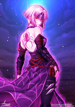 1girl adsouto arm_guards back_tattoo breasts forehead_protector glowing grey_hair headband highres kumori_(ninja_gaiden) kunai looking_at_viewer ninja ninja_gaiden ninja_gaiden_ragebound red_eyes short_hair solo spider_tattoo tattoo weapon