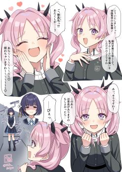 2girls ^^^ ^_^ absurdres aoi_nadeshiko black_jacket black_overskirt black_vest blue_ribbon blue_skirt blunt_bangs blush bob_cut clenched_hands closed_eyes commentary_request empty_eyes false_smile fingernails gakuen_idolmaster gokugetsu_academy_school_uniform hataya_misuzu hatsuboshi_gakuen_school_uniform heart highres idolmaster jacket looking_at_another looking_at_viewer multiple_girls multiple_views neck_ribbon ribbon school_uniform shaded_face shirt signature skirt skirt_set smile speech_bubble tears tohka_10days translation_request turn_pale twintails twitter_username vest white_shirt