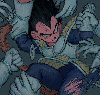 5boys black_hair blue_bodysuit bodysuit boots chimachimadb dragon_ball gloves imminent_rape multiple_boys panicking ripping_clothes saiyan_armor simple_background spiked_hair sweatdrop vegeta white_boots white_gloves yaoi