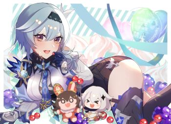 &gt;_&lt; 2girls 3sat0 :d ass balloon baron_bunny_(genshin_impact) blue_gloves blue_hair boots breasts chibi eula_(genshin_impact) food food_on_face genshin_impact gloves grey_hair hair_ornament high-waist_shorts highres holding holding_food large_breasts looking_at_viewer lying medium_hair multiple_girls on_side open_mouth paimon_(genshin_impact) purple_eyes shorts smile solo_focus thigh_boots tongue tongue_out vision_(genshin_impact) wide_sleeves