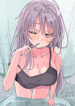 1girl absurdres breasts brushing_teeth cleavage commentary_request gangut_(kancolle) grey_hair highres hizaka kantai_collection large_breasts leaning_forward long_hair looking_at_mirror mirror no_headwear one_eye_closed red_eyes sink solo strap_slip tank_top