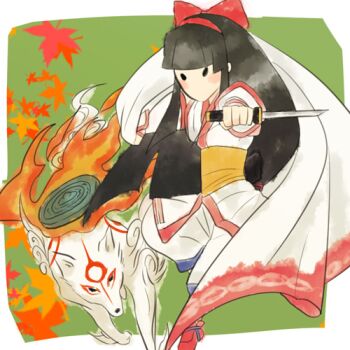 Rule 34 | 2girls, ainu clothes, amaterasu (ookami), black hair, bodypaint, bow, crossover, dynamic pose, fingerless gloves, fire, gloves, green background, hair bow, hairband, harusamero, kodachi, leaf, long hair, looking at viewer, lowres, m.u.g.e.n, maple leaf, markings, multiple girls, nakoruru, no mouth, ookami (game), parody, red bow, red hairband, reflector (ookami), reverse grip, samurai spirits, short sword, style parody, sword, weapon, white wolf