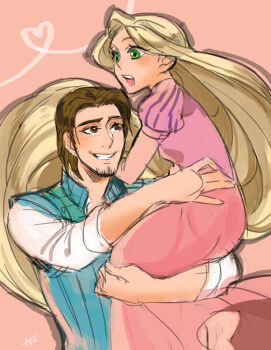 Rule 34 | 1boy, 1girl, :o, absurdly long hair, ano (sbee), artist name, barefoot, blonde hair, carrying, couple, disney, dress, eyelashes, feet, flynn rider, green eyes, heart, hetero, long hair, long sleeves, looking at another, looking away, open mouth, pink background, pink dress, rapunzel (disney), shirt, simple background, very long hair, vest, waistcoat, white shirt