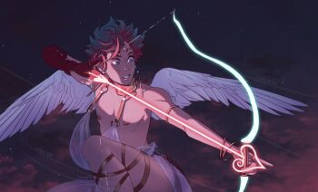 1boy arrow_(projectile) boku_no_hero_academia bow_(weapon) cupid freckles green_eyes green_hair heart heart_arrow highres male_focus midoriya_izuku night nipples revealing_clothes short_hair sky solo spacenipnops thighs weapon wings