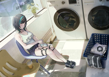 1girl black_hair black_shoes breasts chair cleavage closed_eyes cup highres hiragi_1014 hololive hololive_dev_is large_breasts laundry laundry_basket multicolored_hair rindo_chihaya shoes short_shorts shorts sitting sleeping solo streaked_hair tank_top thigh_strap thighs unworn_clothes virtual_youtuber washing_machine white_tank_top