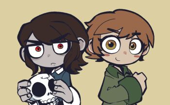 1boy 1girl abaddon_(haunted_hotel) blue_coat bow brown_hair coat commentary_request esther_freeling estherart0 green_coat haunted_hotel holding holding_skull korean_commentary lua43_f red_eyes short_hair simple_background skull upper_body yellow_bow yellow_eyes
