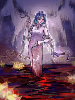 1girl blood blood_on_clothes blue_eyes blue_hair bodhisattva branch china_dress chinese_clothes collared_dress dress flower hand_up highres holding holding_branch holding_vase kmt_(tkotu) looking_at_viewer lotus partyhumans pool_of_blood see-through_clothes see-through_shawl see-through_veil shawl short_hair sleeveless sleeveless_dress solo spill tkotu veil white_dress