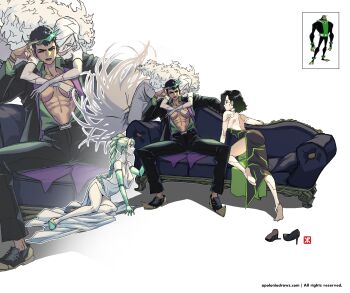 4girls abs absurdres apoloniodraws ben_10 ben_10:_omniverse black_suit breasts bullfrag couch dark-skinned_female dark_skin diamondhead formal_clothes ghostfreak highres hug kamina_shades multiple_girls omnitrix on_couch open_clothes open_shirt short_hair side_slit suit upgrade_(ben_10) yuri