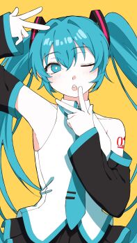 1girl aqua_eyes aqua_hair aqua_necktie aqua_trim arm_up bare_shoulders black_skirt black_sleeves bright_pupils commentary_request detached_sleeves double_w hair_between_eyes hair_intakes hair_ornament hand_up hatsune_miku highres light_blush long_hair looking_at_viewer necktie number_tattoo one_eye_closed open_mouth pleated_skirt shirt shoulder_tattoo simple_background skirt sleeveless sleeveless_shirt solo tattoo teeth tie_clip torisasamiq0uf twintails upper_body upper_teeth_only very_long_hair vocaloid w white_pupils white_shirt wide_sleeves wing_collar yellow_background