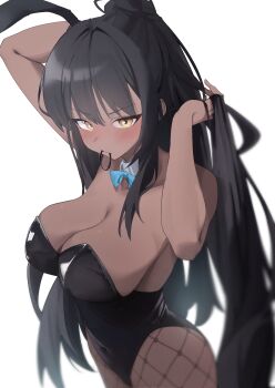 Rule 34 | 1girl, absurdres, adjusting hair, animal ears, arms behind head, black hair, black leotard, blue archive, blue bow, blue bowtie, bow, bowtie, breasts, cleavage, commentary request, dark-skinned female, dark skin, detached collar, fake animal ears, fishnet pantyhose, fishnets, hair tie, hair tie in mouth, hand in own hair, hands in own hair, highleg, highleg leotard, highres, karin (blue archive), karin (bunny) (blue archive), large breasts, leotard, long hair, looking at viewer, mouth hold, official alternate costume, pantyhose, playboy bunny, ponytail, rabbit ears, shiroyo (shiromeahi), strapless, strapless leotard, traditional bowtie, tying hair