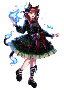 1girl :d absurdres animal_ears black_bow black_shoes bow braid cat_ears cat_tail commentary_request dress dress_bow earrings extra_ears fangs fiery_tail fire flaming_skull frilled_bow frills full_body green_dress hair_bow highres holding holding_skull jewelry kaenbyou_rin kuya_(hey36253625) leg_belt long_sleeves looking_at_viewer multiple_earrings multiple_tails open_mouth platform_shoes red_bow red_eyes red_hair shoes skull smile solo tail touhou transparent_background twin_braids two_tails