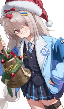 1girl absurdres bell black_vest blue_jacket che_(komulkomul48) christmas commentary_request fake_facial_hair fake_mustache goddess_of_victory:_nikke grey_hair hat highres holding holding_bell jacket light_blush long_hair necktie official_alternate_costume open_clothes open_jacket pleated_skirt red_eyes santa_hat skirt smile soline_(frost_ticket)_(nikke) soline_(nikke) solo very_long_hair vest white_background