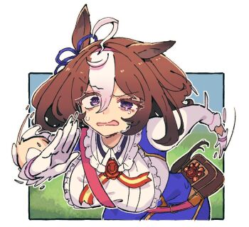 Rule 34 | 1girl, ahoge, animal ears, bag, between breasts, blue skirt, blue sky, bow, breasts, brown hair, collared shirt, commentary, cowboy shot, donguri big, double-parted bangs, ear ribbon, gloves, grass, hair between eyes, hairband, headband, horse ears, horse girl, horse tail, large breasts, long sleeves, medium hair, meisho doto (turbulent blue) (umamusume), meisho doto (umamusume), multicolored hair, open mouth, outline, pink hairband, pink headband, purple eyes, running, shirt, shoulder bag, skirt, sky, solo, strap between breasts, sweatdrop, tail, two-tone hair, umamusume, white background, white gloves, white hair, white outline, white shirt