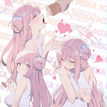 1girl 1other absurdres blue_archive blush breasts cake character_name commentary cream dress eating food fork hair_bun halo heart highres holding holding_fork licking licking_hand looking_at_another looking_at_viewer matdoljangin medium_breasts mika_(blue_archive) multiple_views pink_hair sexually_suggestive single_side_bun sleeveless sleeveless_dress spoken_heart suggestive_fluid swiss_roll text_background tongue tongue_out white_dress