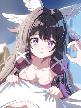 Rule 34 | 1girl, artist name, bed sheet, black hair, blush, bra, breasts, breasts apart, closed mouth, clothes grab, collarbone, columbina (genshin impact), commentary request, fingernails, fuyunash1, genshin impact, grabbing another's shirt, hair ornament, highres, long hair, long sidelocks, looking at viewer, medium breasts, multicolored hair, out of frame, pink bra, purple eyes, purple hair, shirt, sidelocks, solo focus, underwear, unusually open eyes, very long hair, white shirt, wing hair ornament
