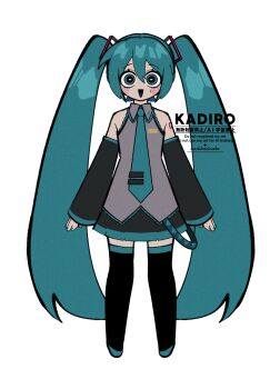 1girl aqua_eyes aqua_hair aqua_nails aqua_necktie aqua_trim bare_shoulders black_skirt blue_eyes blue_hair blush detached_sleeves grey_shirt hair_between_eyes hair_ornament hatsune_miku highres ka_ji long_hair looking_at_viewer necktie open_mouth shirt simple_background skirt smile solo thighhighs tie_clip triangle_mouth twintails very_long_hair vocaloid watermark white_background
