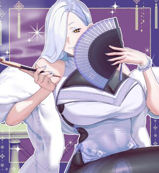 1girl absurdres blue_lips breasts commentary_request eyeliner fate/grand_order fate_(series) folding_fan hair_over_one_eye hand_fan highres hiyayaako large_breasts long_hair looking_at_viewer makeup mrs._snake_(fate) smile smoking_pipe solo thighs white_hair yellow_eyes