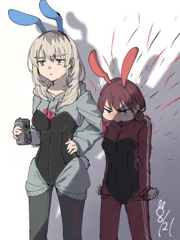 2girls angry animal_ears ayataka_syumimi beer_can black_leotard brown_hair bunny_day can commentary dated drink_can fake_animal_ears girls_band_cry grey_eyes grey_hair grey_hoodie grey_pants highres holding holding_can hood hood_down hoodie iseri_nina jacket kawaragi_momoka leotard long_hair low_twintails multiple_girls pants pants_under_leotard pout rabbit_ears red_jacket red_pants short_hair short_twintails twintails