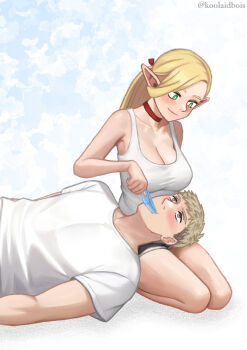 1boy 1girl bare_shoulders blonde_hair blush breasts brown_eyes brown_hair choker cleavage collarbone dungeon_meshi elf feeding food green_eyes hetero highres koolaidbois laios_touden lap_pillow large_breasts looking_at_another marcille_donato pointy_ears popsicle red_choker shirt smile t-shirt tank_top twitter_username white_shirt